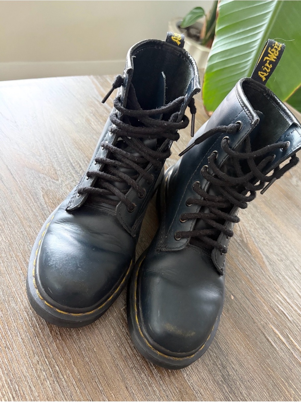 Dr. Martens Deep Dark Navy Leather Lace-Up Boots with Yellow Stitching